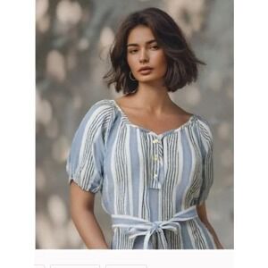 FREE ASSEMBLY Womens Striped Short Sleeve Belted Cotton Shirt Dress S Blue White